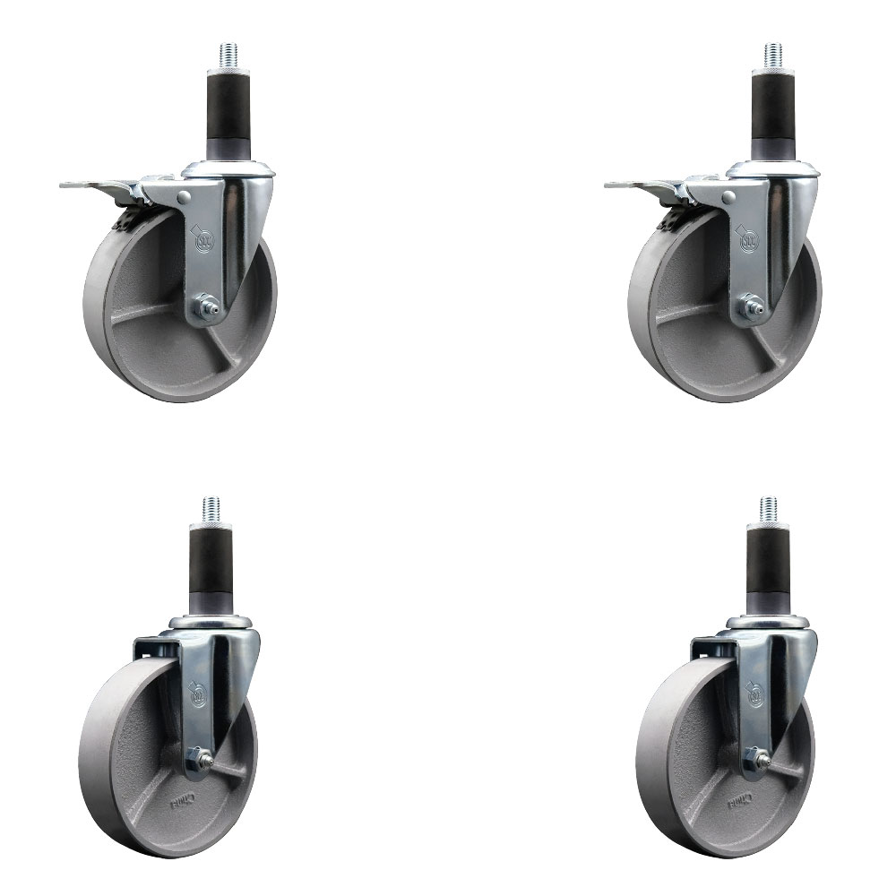 Semi Steel Cast Iron Swivel Expanding Stem Caster Set of 4 w/Roller Bearings - 5" x 1.5" Silver Wheels and 1-1/4" Stems - 2 with Total Locking Brakes - 1200 lbs Total Capacity - Service Caster Brand — photo 1
