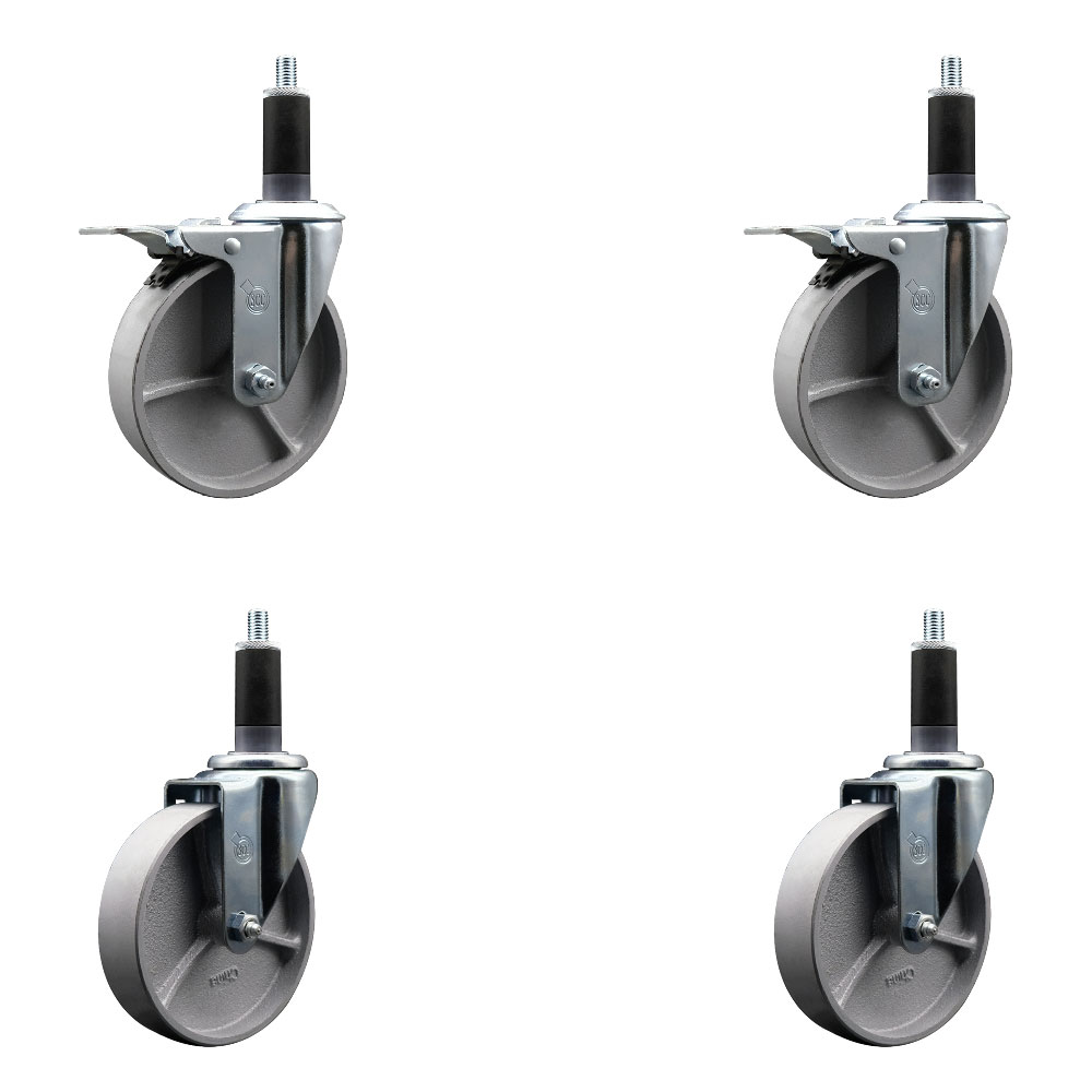 Semi Steel Cast Iron Swivel Expanding Stem Caster Set of 4 with 5 Inch Silver Wheels and 1-1/8" Stems - Includes 2 with Total Locking Brakes - 1200 lbs Total Capacity - Service Caster Brand — photo 1