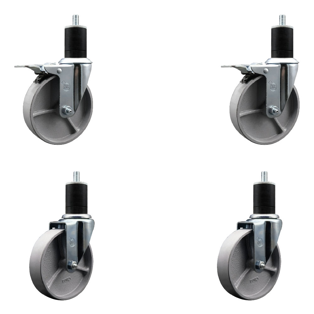 Semi Steel Cast Iron Swivel Expanding Stem Caster Set of 4 w/Roller Bearings - 5" x 1.5" Silver Wheels and 1-3/4" Stems - 2 with Total Locking Brakes - 1200 lbs Total Capacity - Service Caster Brand — photo 1