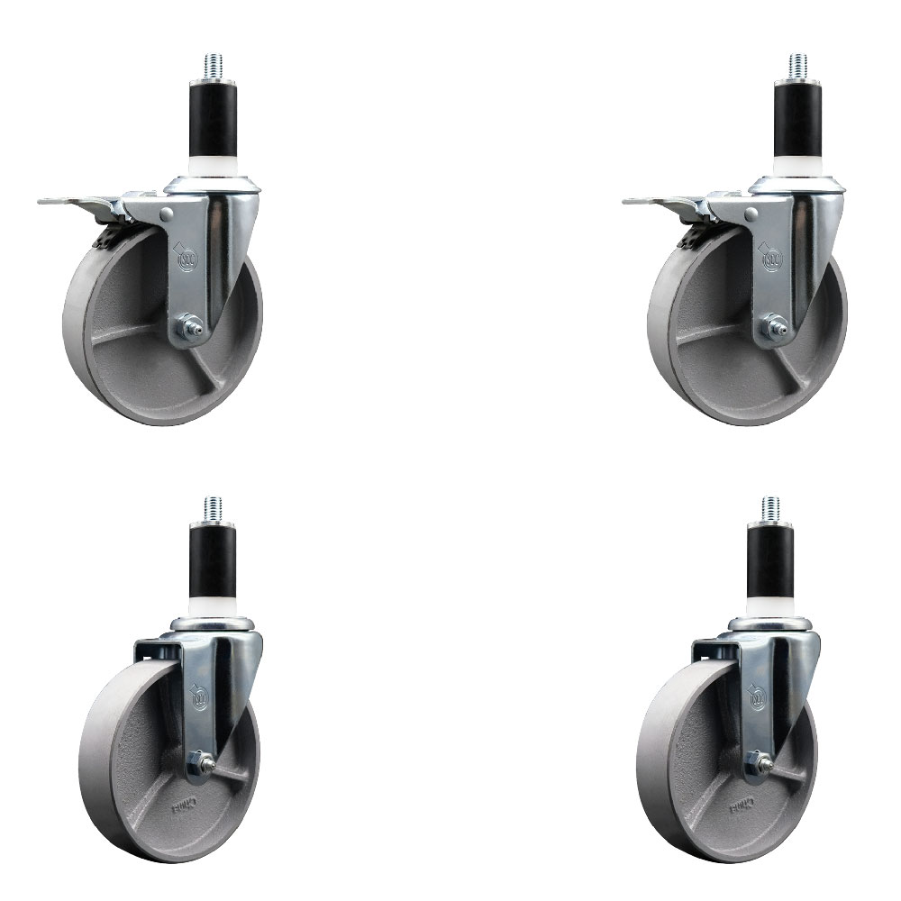 Semi Steel Cast Iron Swivel Expanding Stem Caster Set of 4 w/Roller Bearings - 5" x 1.5" Silver Wheels and 1-3/8" Stems - 2 with Total Locking Brakes - 1200 lbs Total Capacity - Service Caster Brand — photo 1