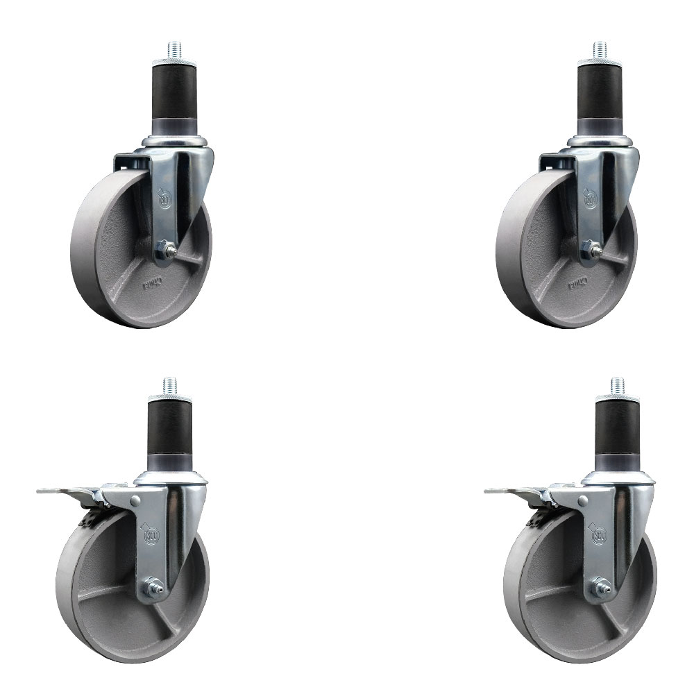 Semi Steel Cast Iron Swivel Expanding Stem Caster Set of 4 w/Roller Bearings - 5" x 1.5" Silver Wheels and 1-5/8" Stems - 2 with Total Locking Brakes - 1200 lbs Total Capacity - Service Caster Brand — photo 1
