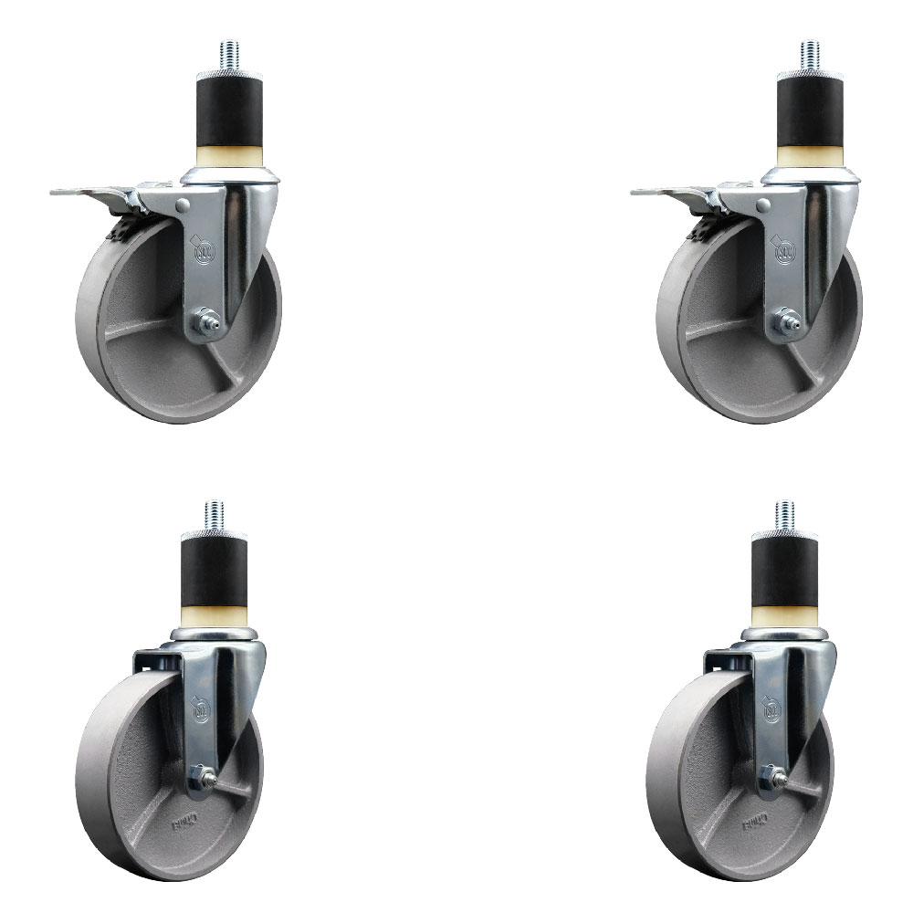 Semi Steel Cast Iron Swivel Expanding Stem Caster Set of 4 w/Roller Bearings - 5" x 1.5" Silver Wheels and 1-7/8" Stems - 2 with Total Locking Brakes - 1200 lbs Total Capacity - Service Caster Brand — photo 1