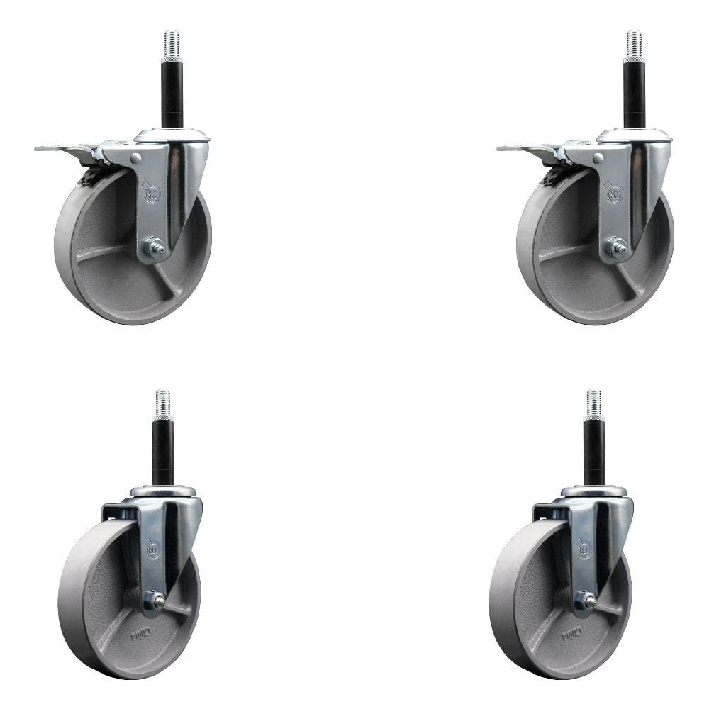 Semi Steel Cast Iron Swivel Expanding Stem Caster Set of 4 w/Roller Bearings - 5" x 1.5" Silver Wheels and 3/4" Stems - 2 with Total Locking Brakes - 1200 lbs Total Capacity - Service Caster Brand — photo 1