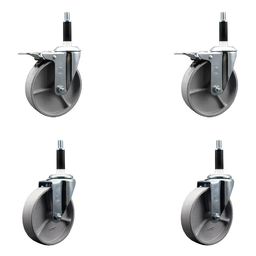 Semi Steel Cast Iron Swivel Expanding Stem Caster Set of 4 w/Roller Bearings - 5" x 1.5" Silver Wheels and 7/8" Stems - 2 with Total Locking Brakes - 1200 lbs Total Capacity - Service Caster Brand — photo 1