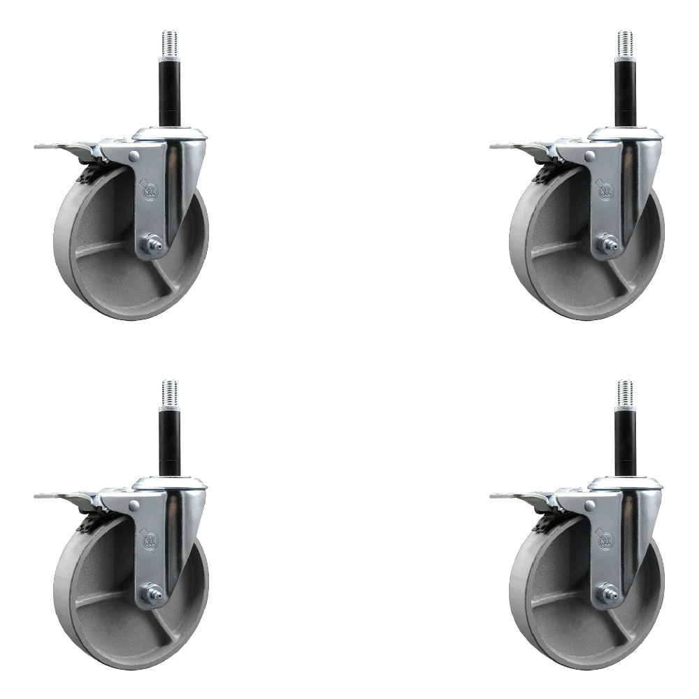 Semi Steel Cast Iron Swivel Expanding Stem Caster Set of 4 with 5 Inch Silver Wheels and 3/4" Stems - Includes 4 Swivel with Total Locking Brakes - 300 lbs. Capacity Per Caster - Service Caster Brand — photo 1