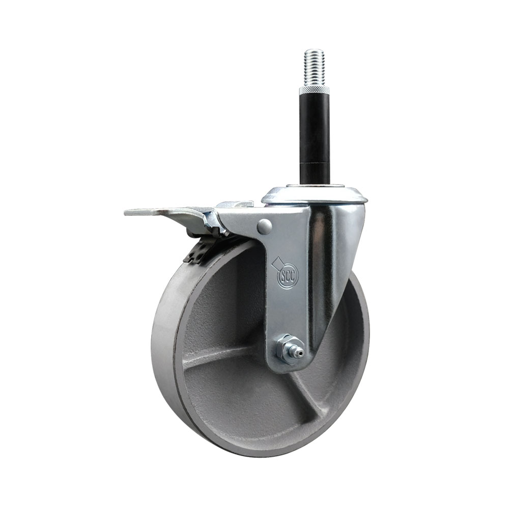 Semi Steel Cast Iron Swivel Expanding Stem Caster w/Roller Bearing - 5" x 1.5" Silver Wheel and 3/4" Stem & Total Locking Brake - 300 lbs Capacity/Caster - Service Caster Brand — photo 1