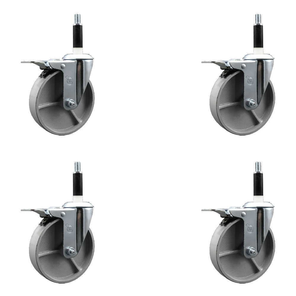 Semi Steel Cast Iron Swivel Expanding Stem Caster Set of 4 with 5 Inch Silver Wheels and 7/8" Stems - Includes 4 Swivel with Total Locking Brakes - 300 lbs. Capacity Per Caster - Service Caster Brand — photo 1