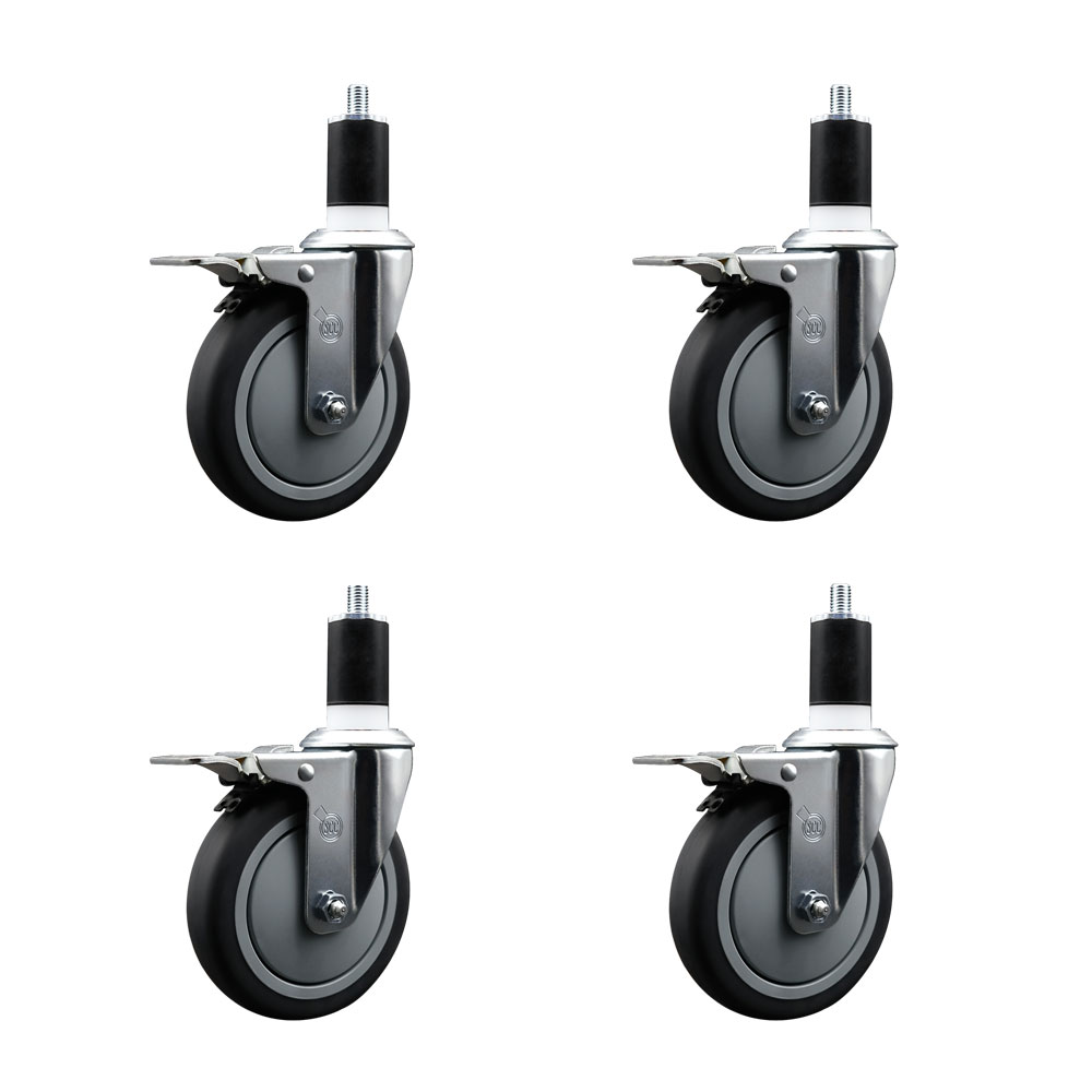 Stainless Steel Thermoplastic Rubber Swivel Expanding Stem Caster Set of 4 with 5 Inch Gray Wheels and 1-1/2" Stems - Includes 4 Swivel with Total Locking Brakes - Service Caster Brand — photo 1