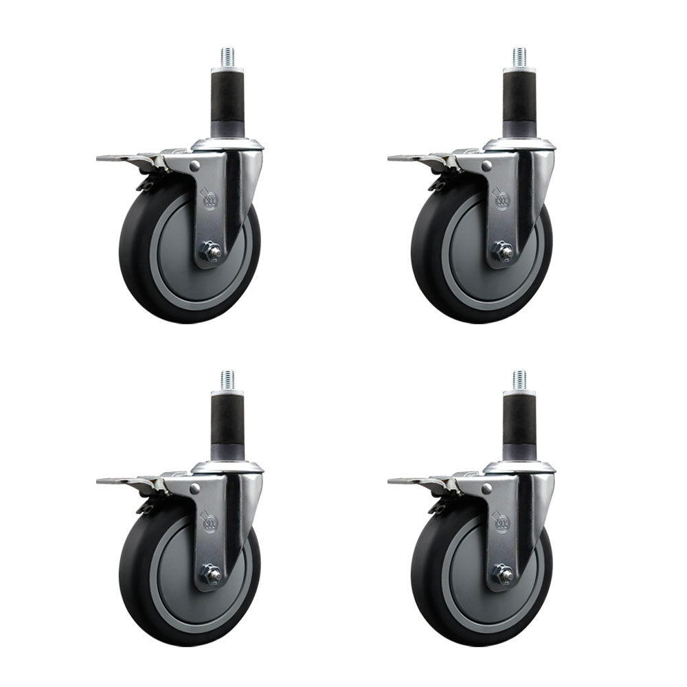 Stainless Steel Thermoplastic Rubber Swivel Expanding Stem Caster Set of 4 with 5 Inch Gray Wheels and 1-1/4" Stems - Includes 4 Swivel with Total Locking Brakes - Service Caster Brand — photo 1