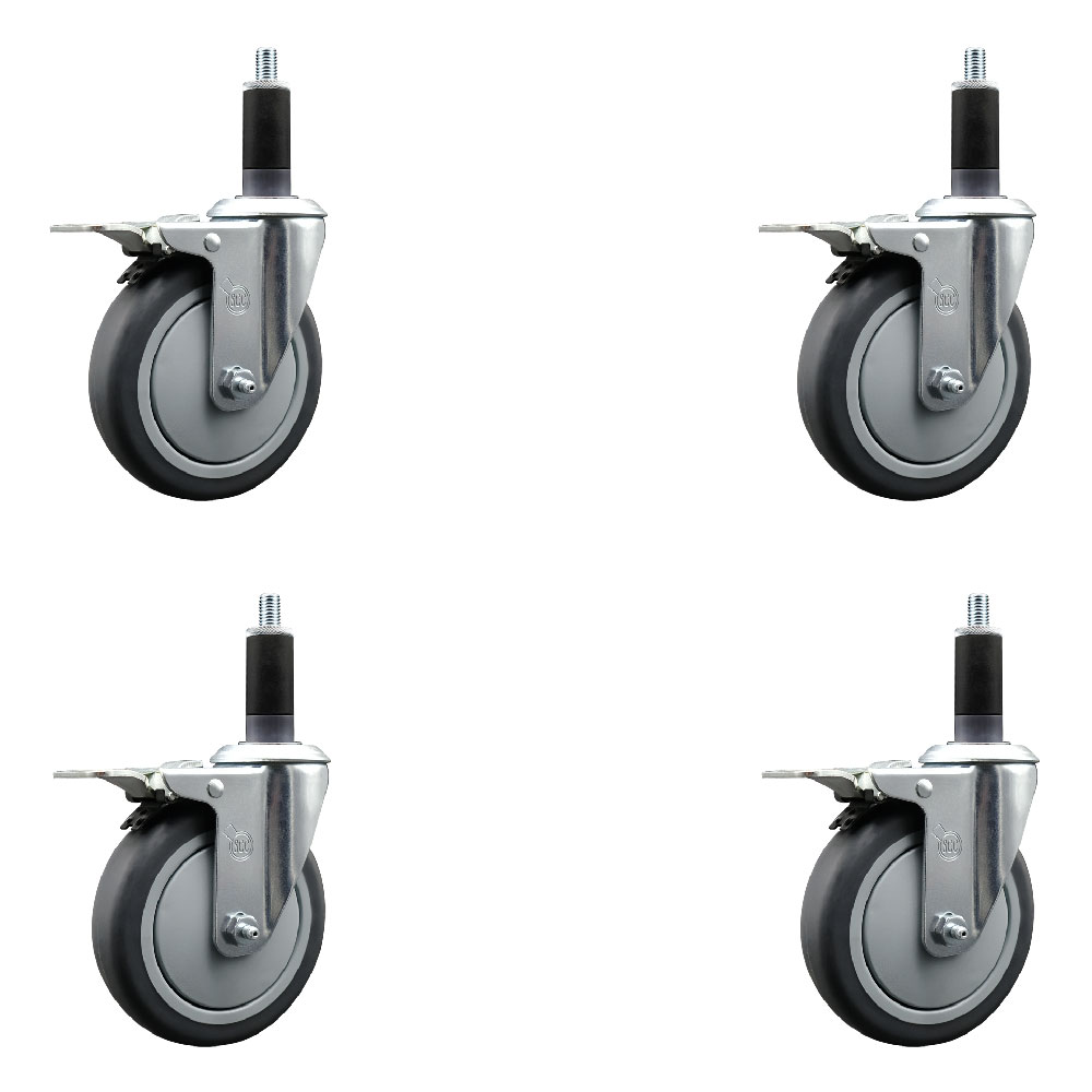 Stainless Steel Thermoplastic Rubber Swivel Expanding Stem Caster Set of 4 with 5 Inch Gray Wheels and 1-1/8" Stems - Includes 4 Swivel with Total Locking Brakes - Service Caster Brand — photo 1