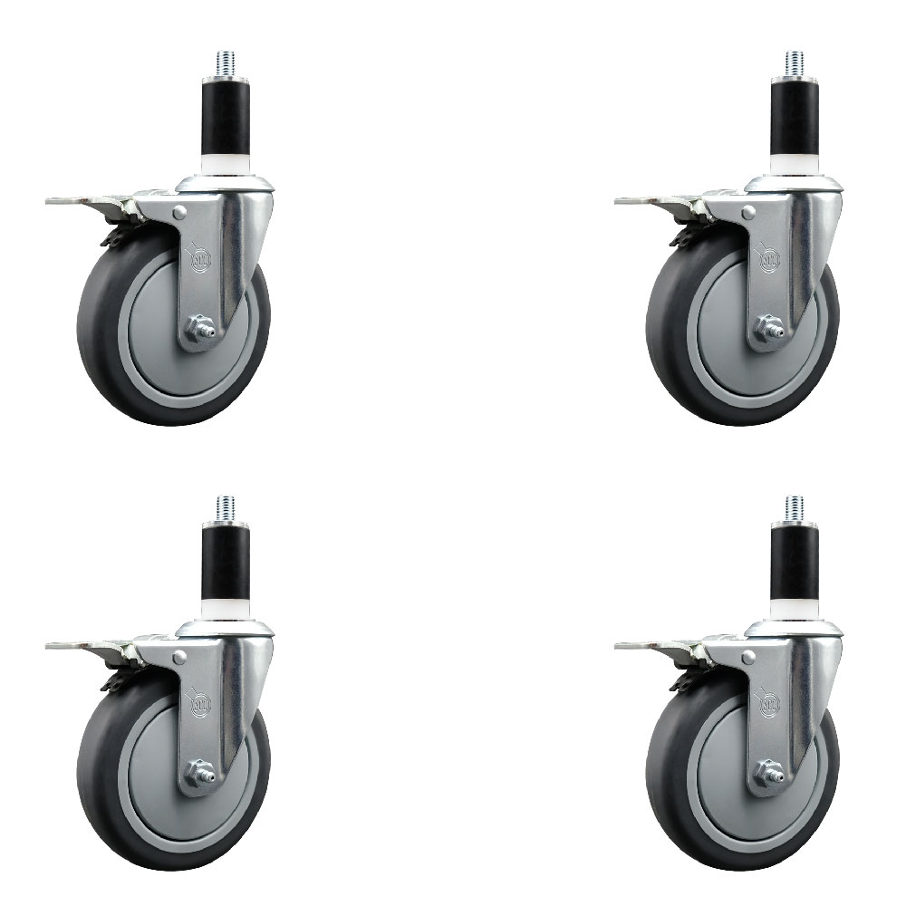 Stainless Steel Thermoplastic Rubber Swivel Expanding Stem Caster Set of 4 with 5 Inch Gray Wheels and 1-3/8" Stems - Includes 4 Swivel with Total Locking Brakes - Service Caster Brand — photo 1