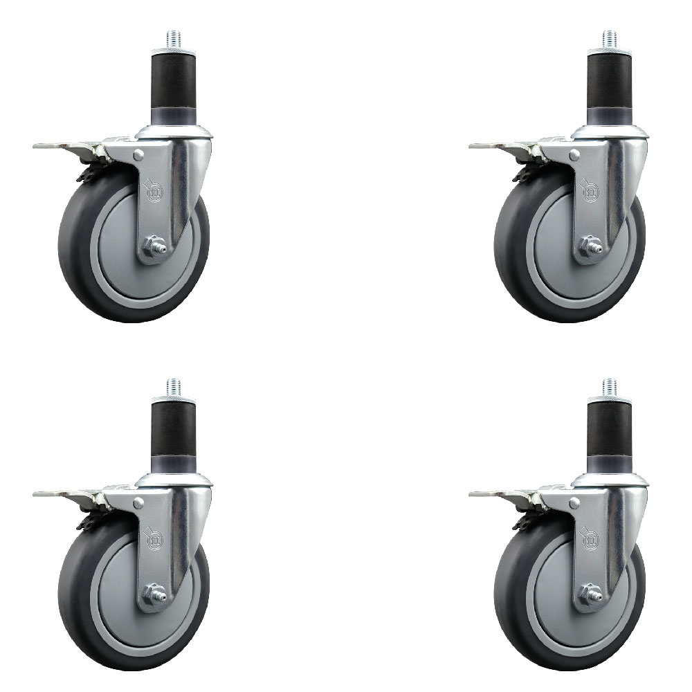 Stainless Steel Thermoplastic Rubber Swivel Expanding Stem Caster Set of 4 with 5 Inch Gray Wheels and 1-5/8" Stems - Includes 4 Swivel with Total Locking Brakes - Service Caster Brand — photo 1