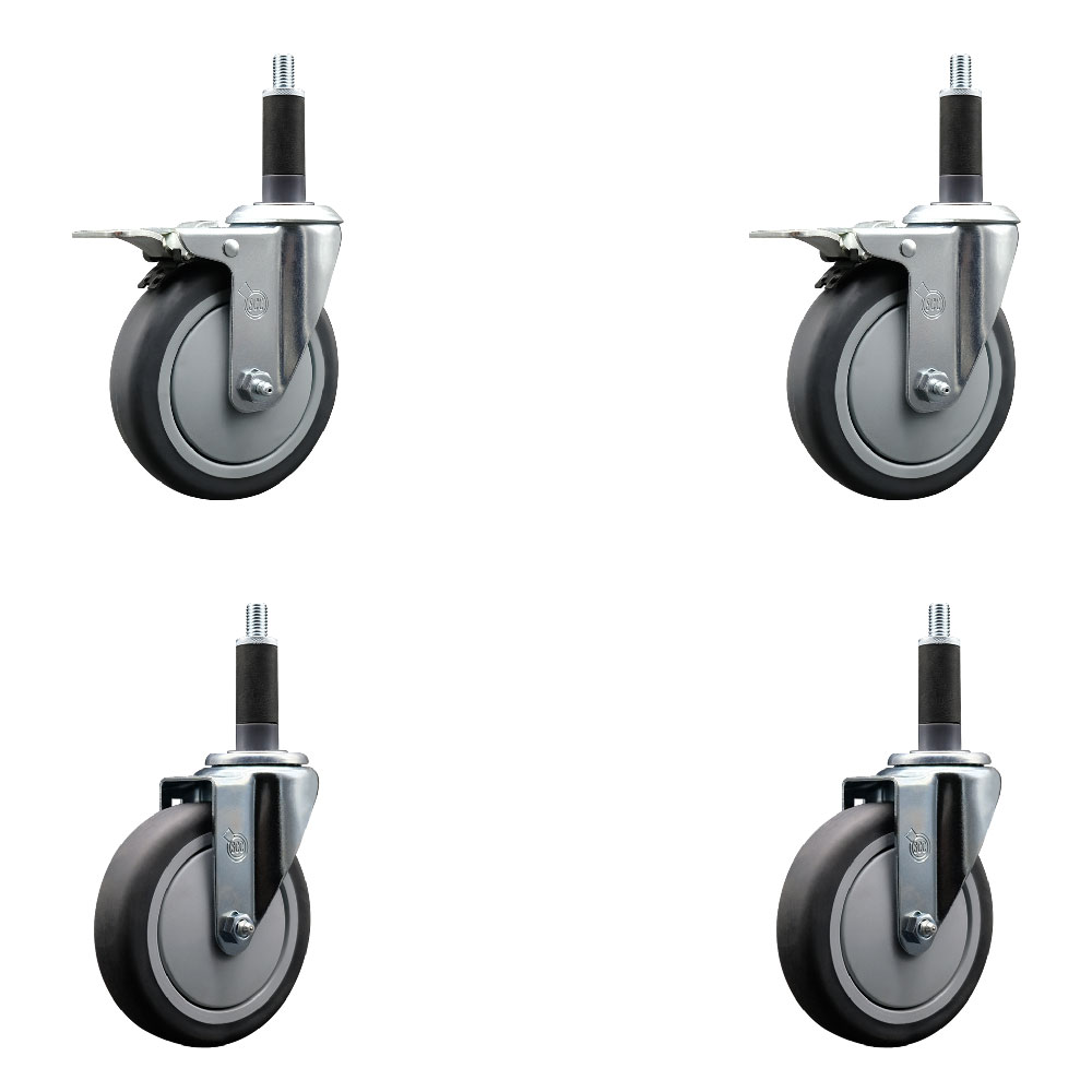 Thermoplastic Rubber Swivel Expanding Stem Caster Set of 4 with 5 Inch Gray Wheels and 1" Stems - Includes 2 with Total Locking Brakes - 1200 lbs Total Capacity - Service Caster Brand — photo 1