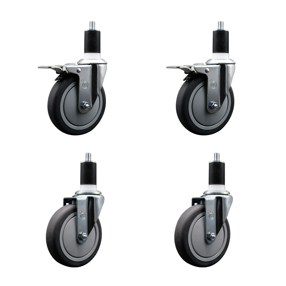 Thermoplastic Rubber Swivel Expanding Stem Caster Set of 4 with 5 Inch Gray Wheels and 1-1/2" Stems - Includes 2 with Total Locking Brakes - 1200 lbs Total Capacity - Service Caster Brand — photo 1