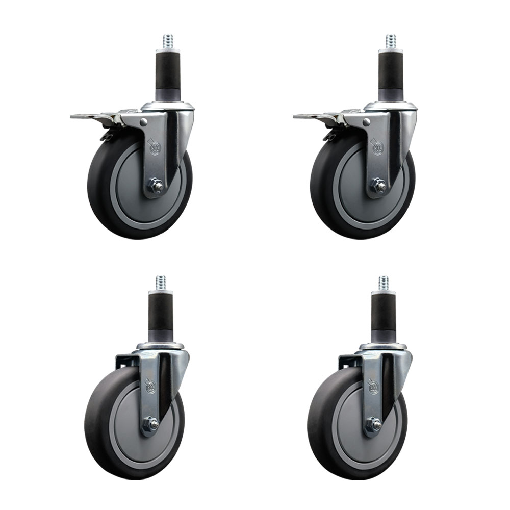 Stainless Steel Thermoplastic Rubber Swivel Expanding Stem Caster Set of 4 with 5 Inch Gray Wheels and 1-1/4" Stems - Includes 2 with Total Locking Brakes-1200 lbs Total Capacity- Service Caster Brand — photo 1