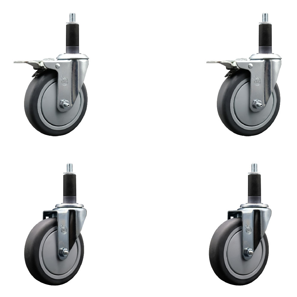 Stainless Steel Thermoplastic Rubber Swivel Expanding Stem Caster Set of 4 with 5 Inch Gray Wheels and 1-1/8" Stems - Includes 2 with Total Locking Brakes-1200 lbs Total Capacity- Service Caster Brand — photo 1
