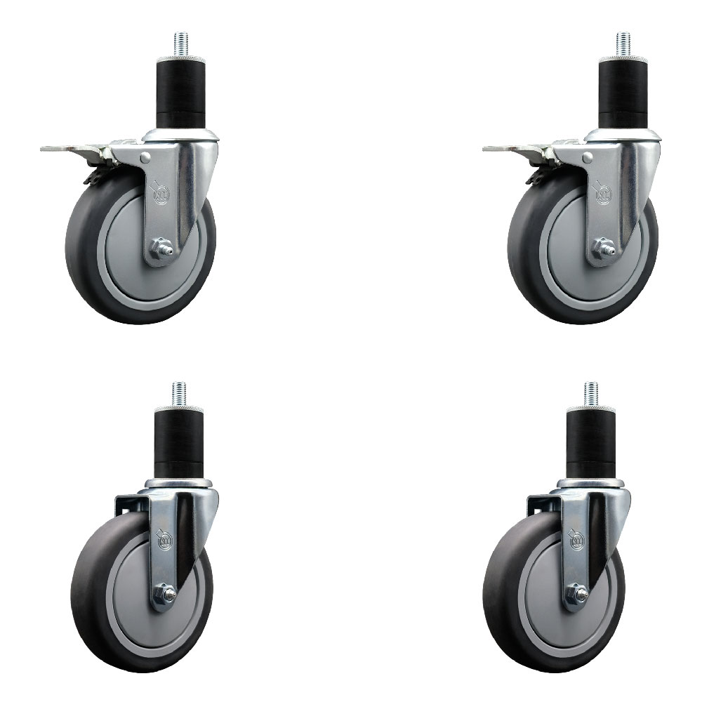 Stainless Steel Thermoplastic Rubber Swivel Expanding Stem Caster Set of 4 with 5 Inch Gray Wheels and 1-3/4" Stems - Includes 2 with Total Locking Brakes-1200 lbs Total Capacity- Service Caster Brand — photo 1