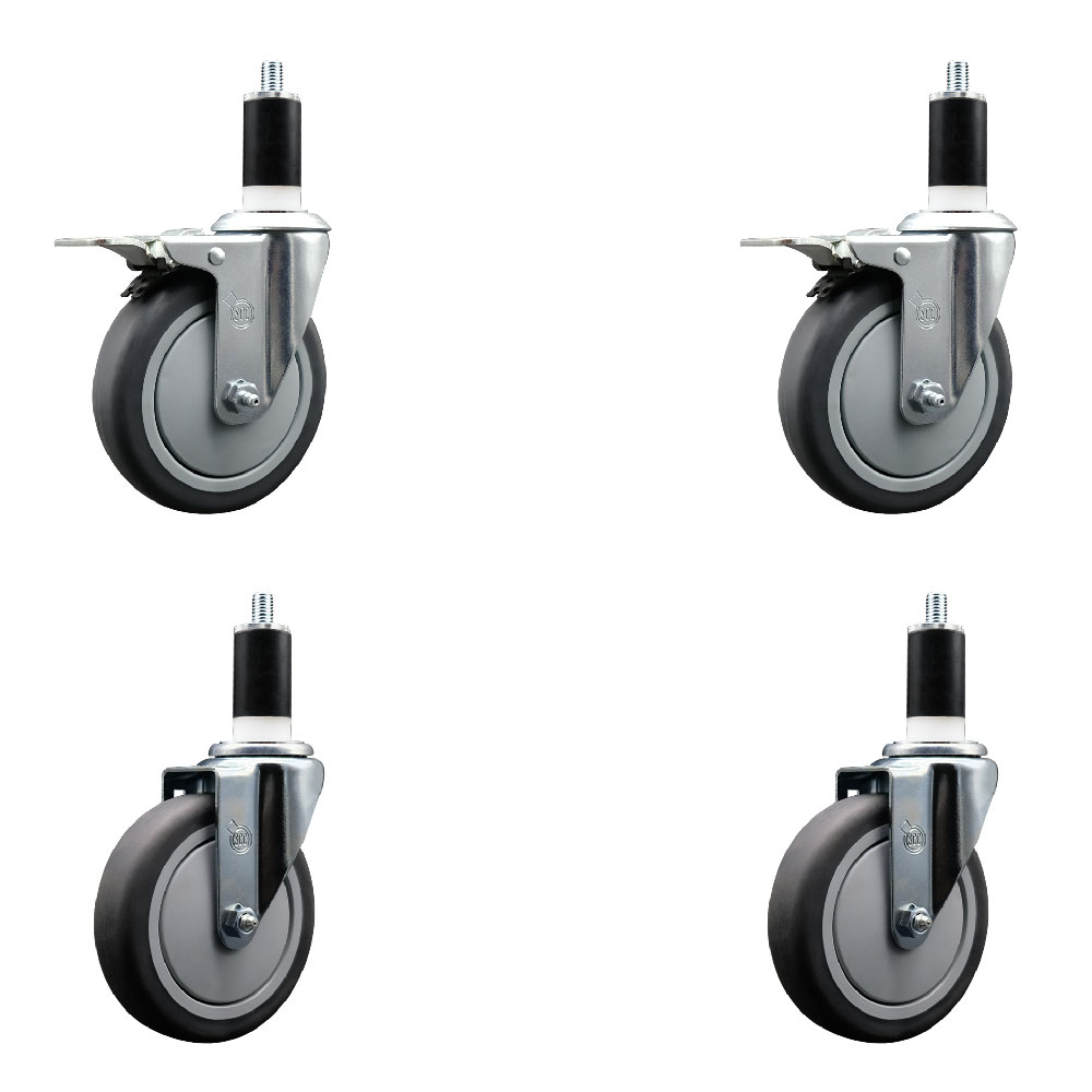 Stainless Steel Thermoplastic Rubber Swivel Expanding Stem Caster Set of 4 with 5 Inch Gray Wheels and 1-3/8" Stems - Includes 2 with Total Locking Brakes-1200 lbs Total Capacity- Service Caster Brand — photo 1
