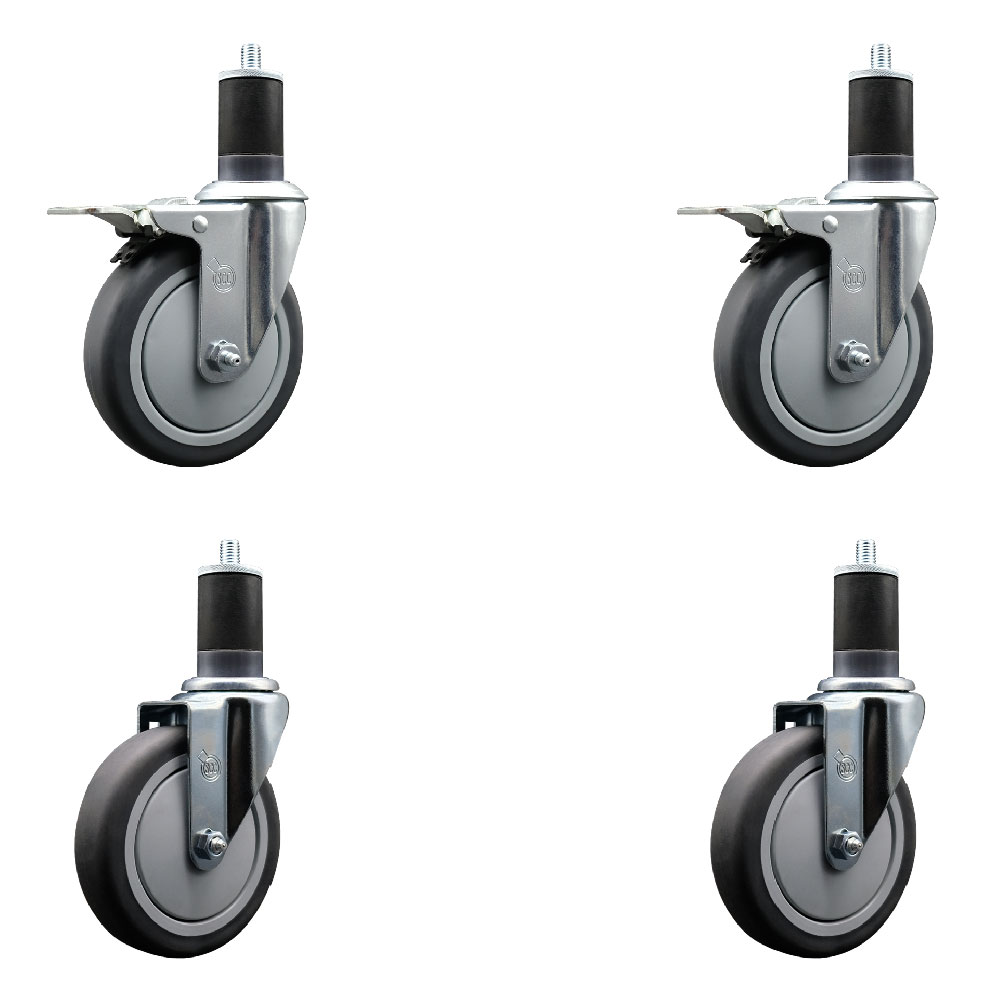 Stainless Steel Thermoplastic Rubber Swivel Expanding Stem Caster Set of 4 with 5 Inch Gray Wheels and 1-5/8" Stems - Includes 2 with Total Locking Brakes-1200 lbs Total Capacity- Service Caster Brand — photo 1