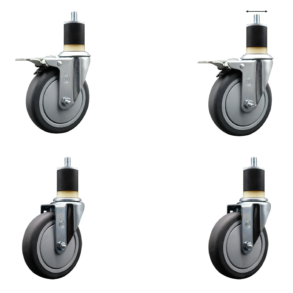 Stainless Steel Thermoplastic Rubber Swivel Expanding Stem Caster Set of 4 with 5 Inch Gray Wheels and 1-7/8" Stems - Includes 2 with Total Locking Brakes-1200 lbs Total Capacity- Service Caster Brand — photo 1