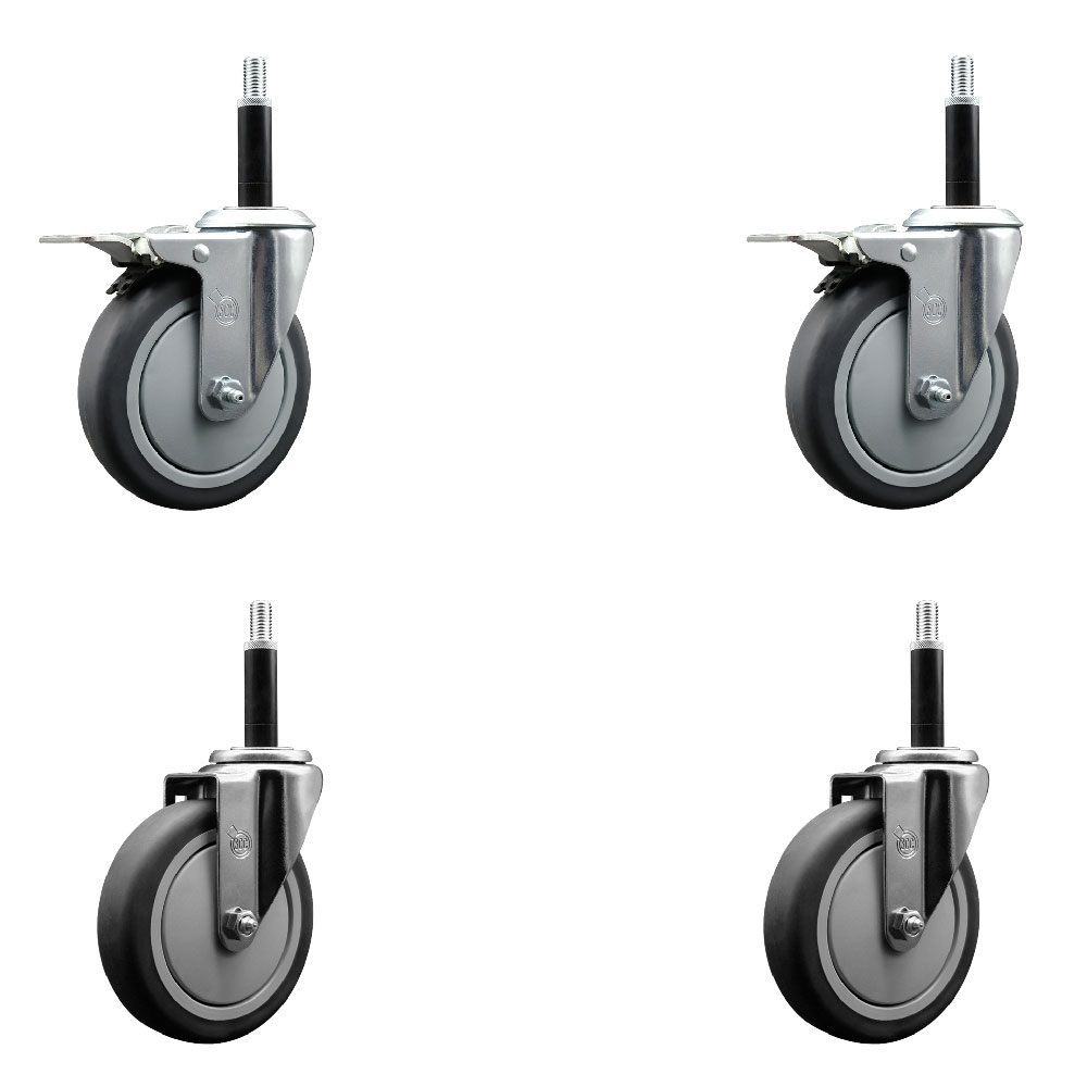 Stainless Steel Thermoplastic Rubber Swivel Expanding Stem Caster Set of 4 with 5 Inch Gray Wheels and 3/4" Stems - Includes 2 with Total Locking Brakes - 1200lbs Total Capacity - Service Caster Brand — photo 1