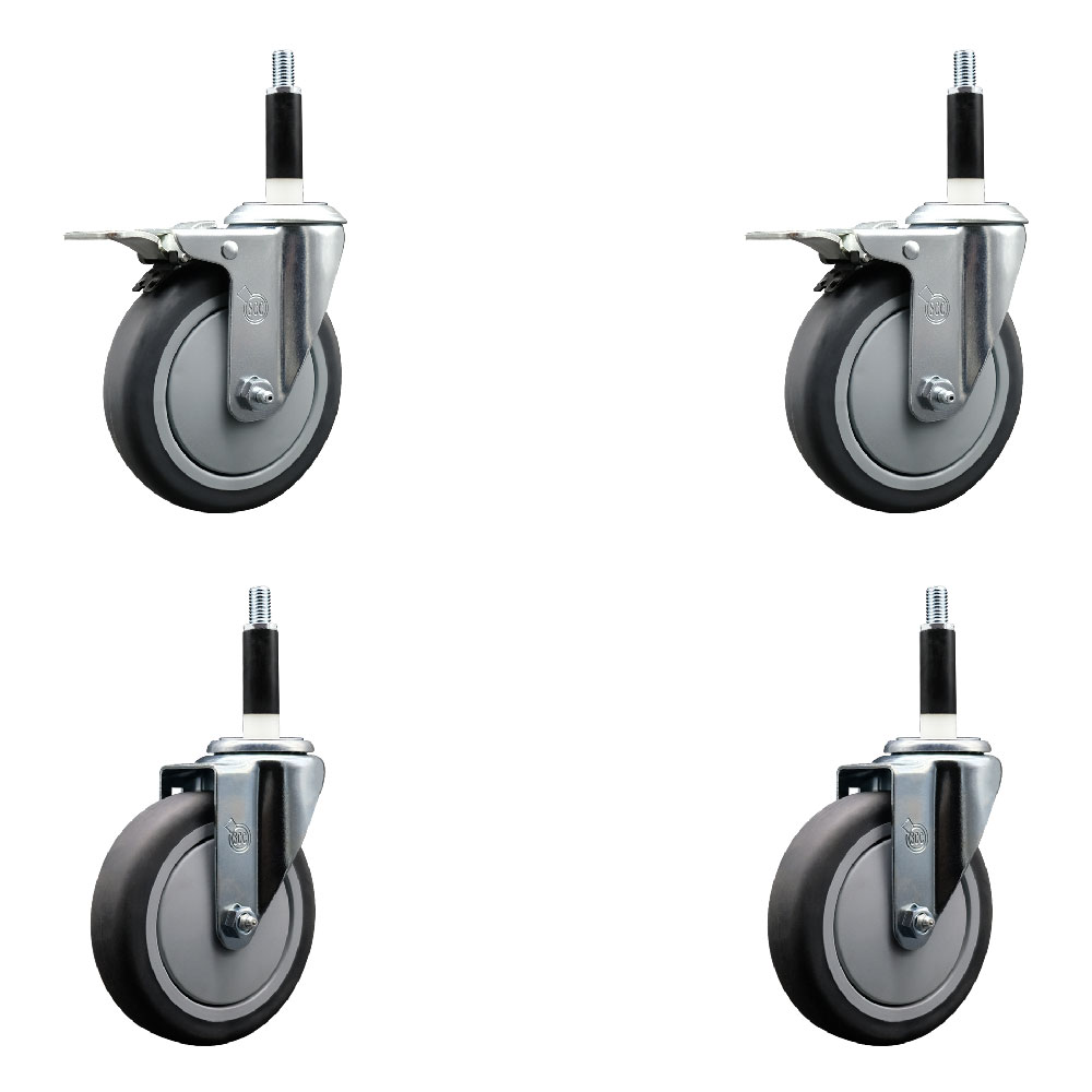 Stainless Steel Thermoplastic Rubber Swivel Expanding Stem Caster Set of 4 with 5 Inch Gray Wheels and 7/8" Stems - Includes 2 with Total Locking Brakes - 1200lbs Total Capacity - Service Caster Brand — photo 1