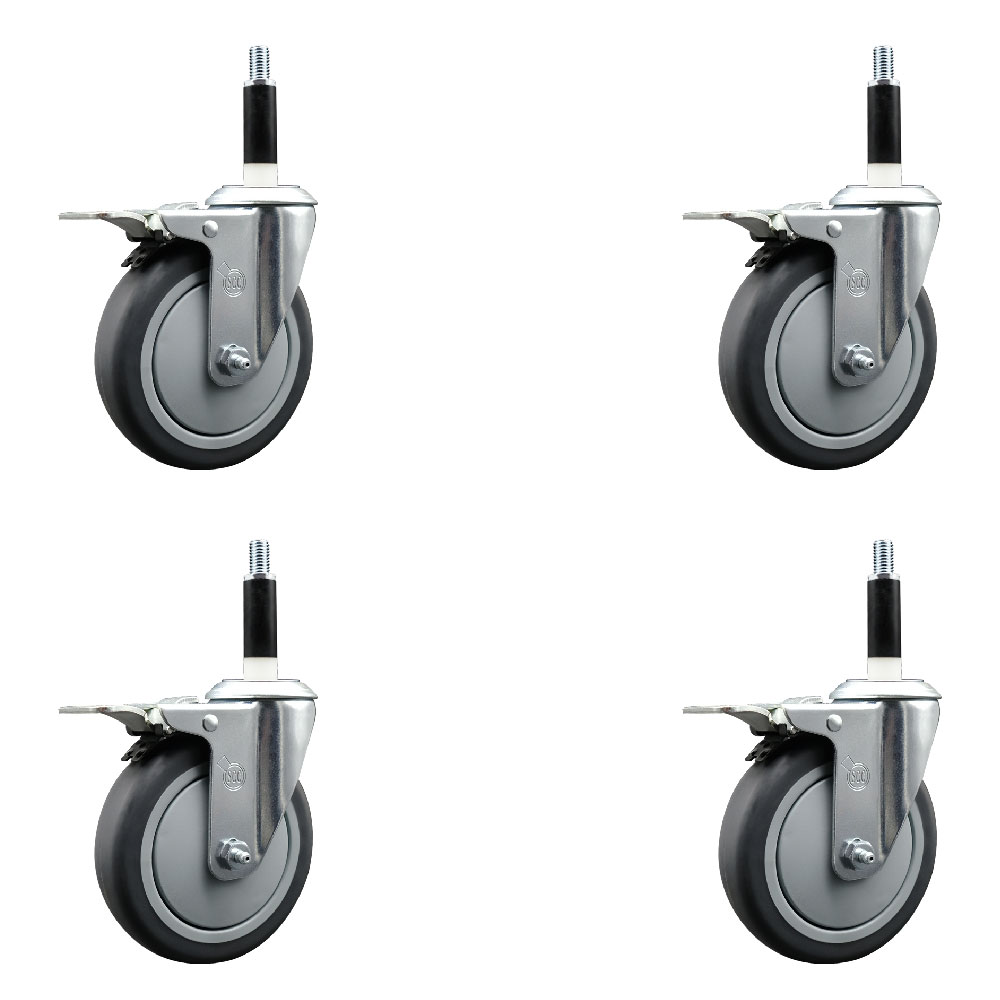 Thermoplastic Rubber Swivel Expanding Stem Caster Set of 4 with 5 Inch Gray Wheels and 7/8" Stems - Includes 4 Swivel with Total Locking Brakes - 300 lbs. Capacity Per Caster - Service Caster Brand — photo 1
