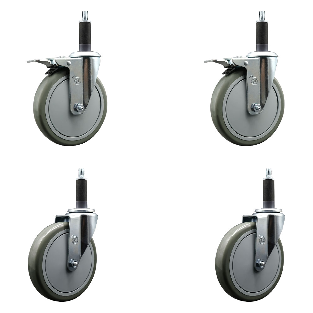 Polyurethane Swivel Expanding Stem Caster Set of 4 with 6 Inch Gray Wheels and 1" Stems - Includes 2 with Total Locking Brakes - 1400 lbs Total Capacity - Service Caster Brand — photo 1