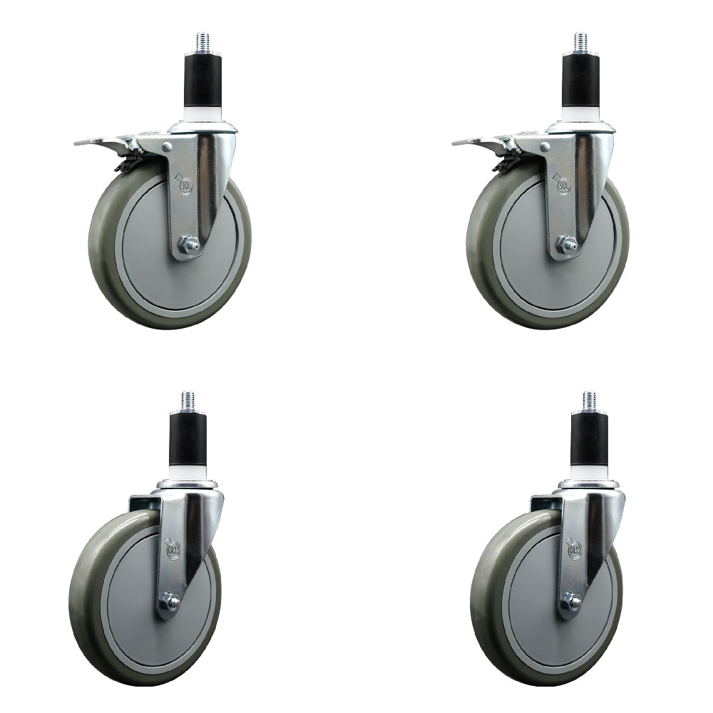 Polyurethane Swivel Expanding Stem Caster Set of 4 with 6 Inch Gray Wheels and 1-1/2" Stems - Includes 2 with Total Locking Brakes - 1400 lbs Total Capacity - Service Caster Brand — photo 1