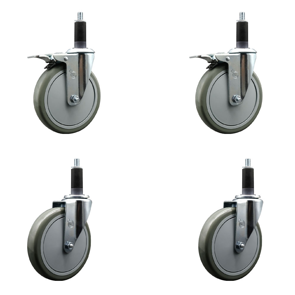 Polyurethane Swivel Expanding Stem Caster Set of 4 with 6 Inch Gray Wheels and 1-1/8" Stems - Includes 2 with Total Locking Brakes - 1400 lbs Total Capacity - Service Caster Brand — photo 1