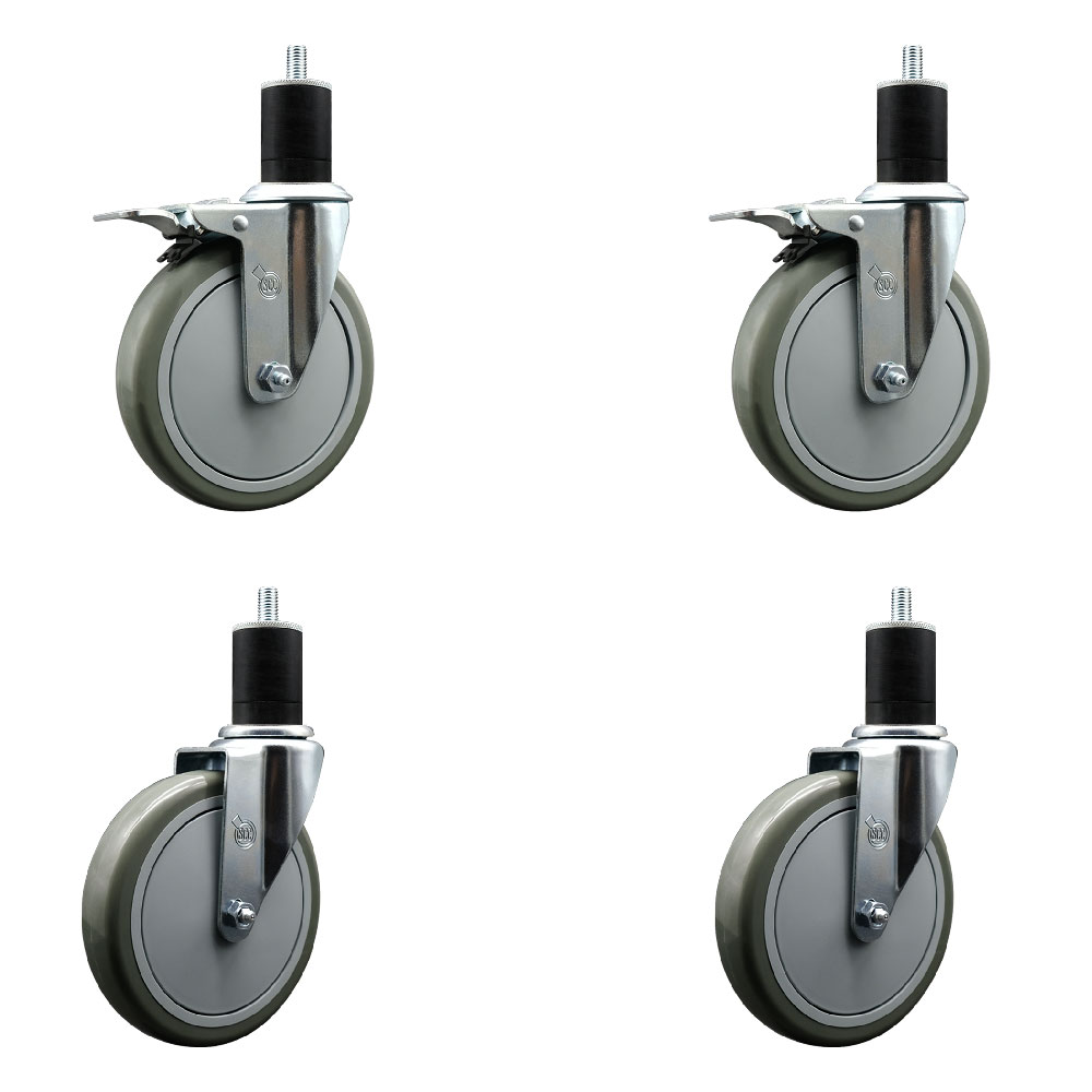 Polyurethane Swivel Expanding Stem Caster Set of 4 with 6 Inch Gray Wheels and 1-3/4" Stems - Includes 2 with Total Locking Brakes - 1400 lbs Total Capacity - Service Caster Brand — photo 1
