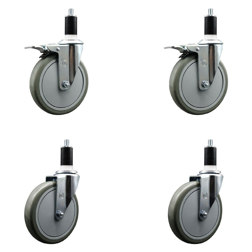 Polyurethane Swivel Expanding Stem Caster Set of 4 with 6 Inch Gray Wheels and 1-3/8" Stems - Includes 2 with Total Locking Brakes - 1400 lbs Total Capacity - Service Caster Brand — photo 1