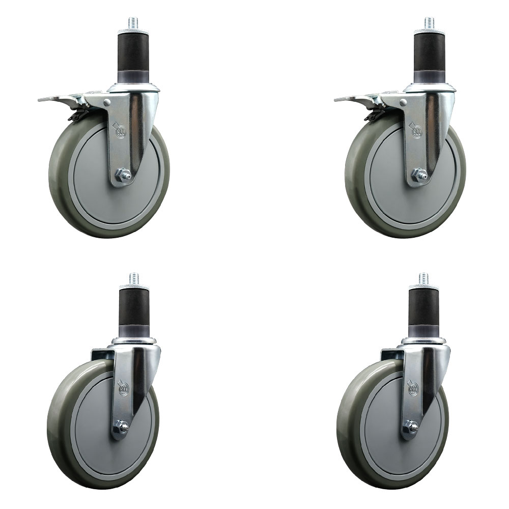 Polyurethane Swivel Expanding Stem Caster Set of 4 with 6 Inch Gray Wheels and 1-5/8" Stems - Includes 2 with Total Locking Brakes - 1400 lbs Total Capacity - Service Caster Brand — photo 1