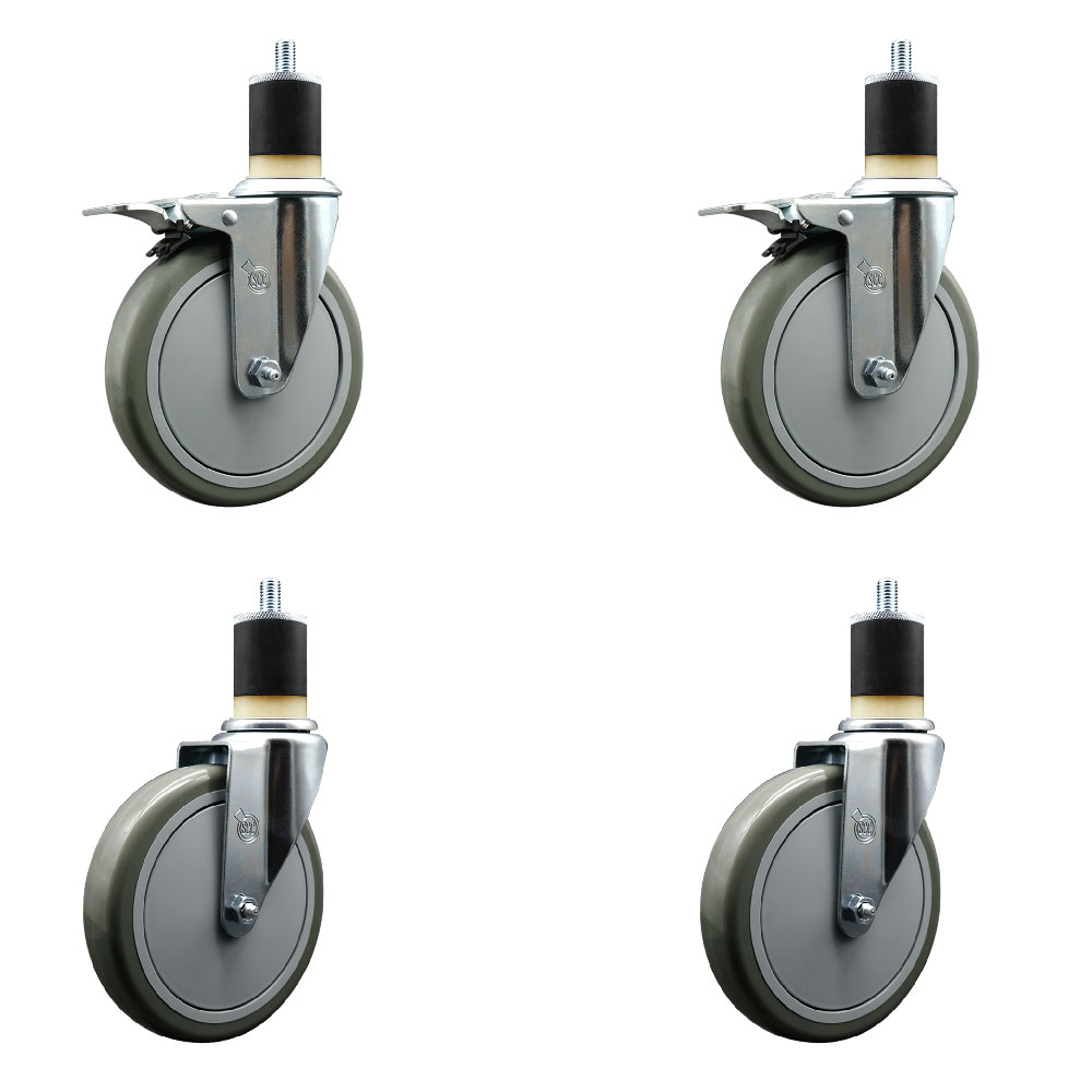 Polyurethane Swivel Expanding Stem Caster Set of 4 with 6 Inch Gray Wheels and 1-7/8" Stems - Includes 2 with Total Locking Brakes - 1400 lbs Total Capacity - Service Caster Brand — photo 1