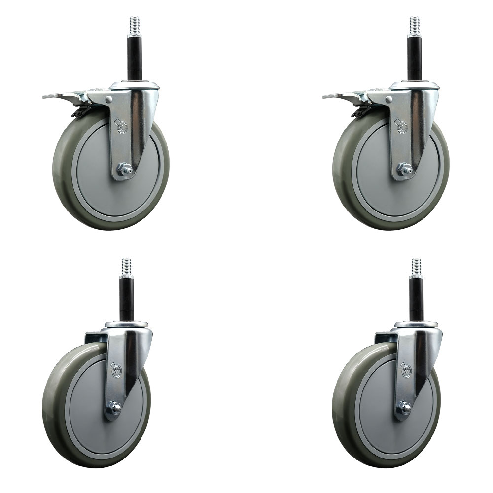 Polyurethane Swivel Expanding Stem Caster Set of 4 with 6 Inch Gray Wheels and 3/4" Stems - Includes 2 with Total Locking Brakes - 1400 lbs Total Capacity - Service Caster Brand — photo 1
