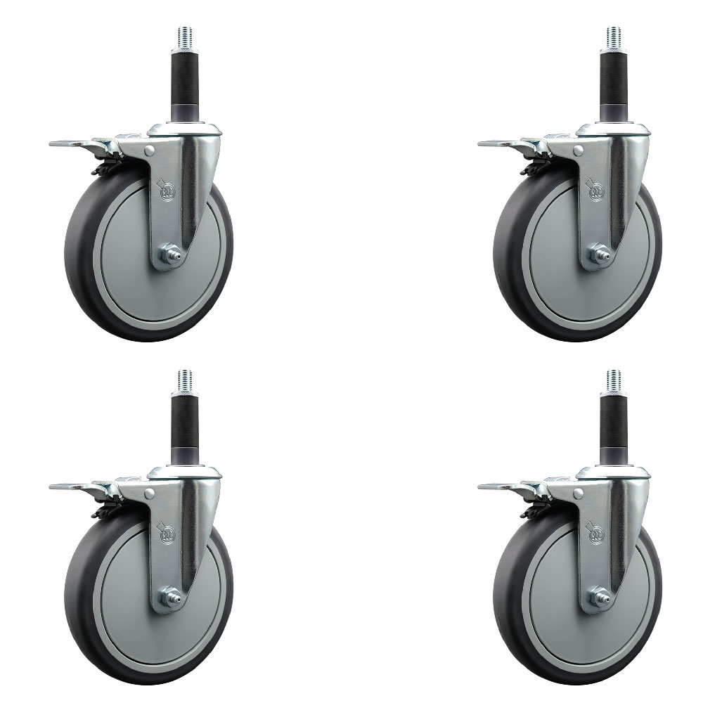 Thermoplastic Rubber Swivel Expanding Stem Caster Set of 4 with 6 Inch Gray Wheels and 1" Stems - Includes 4 Swivel with Total Locking Brakes - 300 lbs. Capacity Per Caster - Service Caster Brand — photo 1