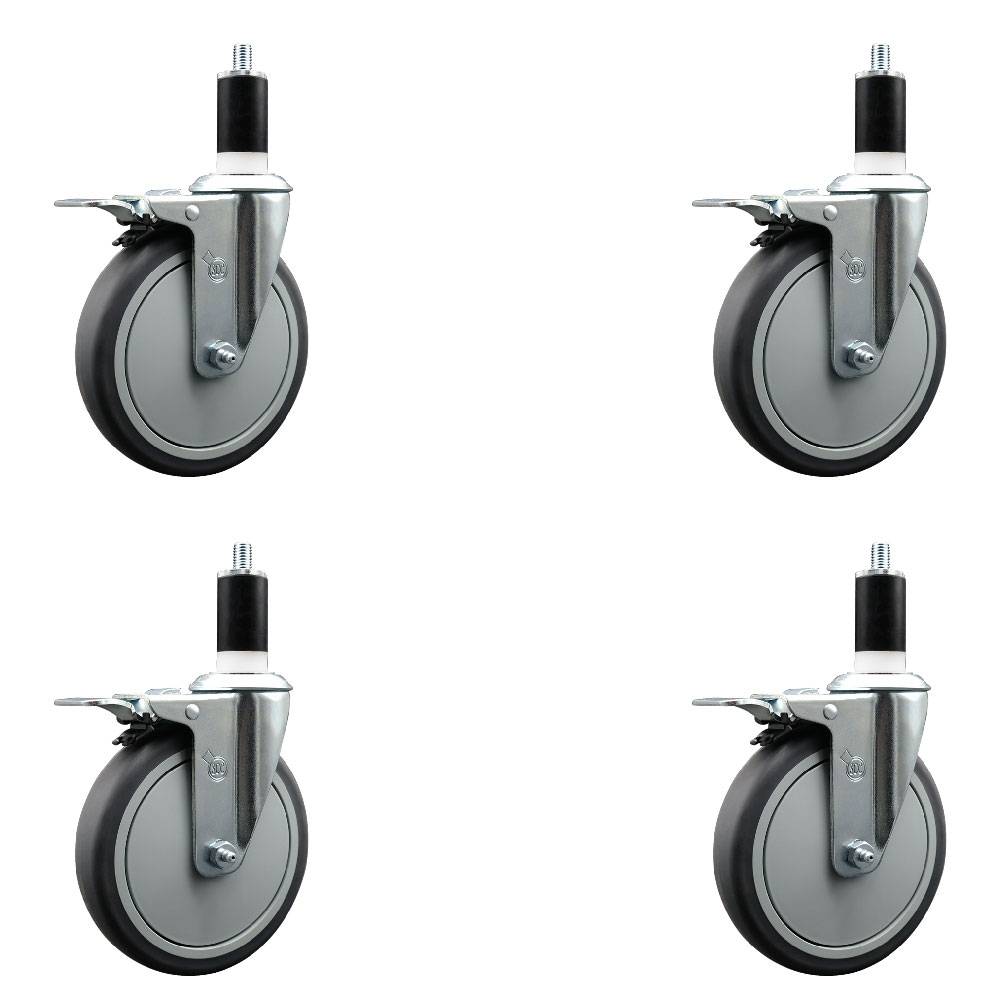 Thermoplastic Rubber Swivel Expanding Stem Caster Set of 4 with 6 Inch Gray Wheels and 1-3/4" Stems - Includes 4 Swivel with Total Locking Brakes - 300 lbs. Capacity Per Caster - Service Caster Brand — photo 1