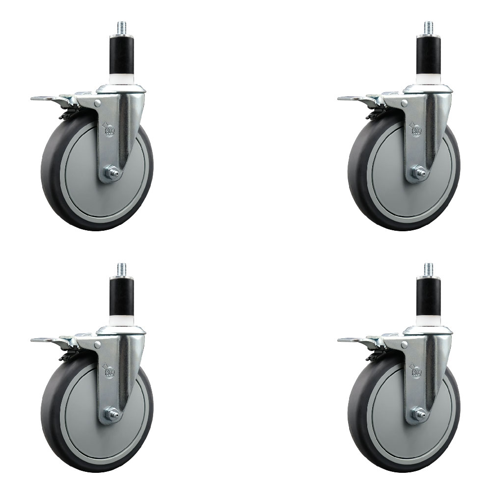 Thermoplastic Rubber Swivel Expanding Stem Caster Set of 4 with 6 Inch Gray Wheels and 1-3/8" Stems - Includes 4 Swivel with Total Locking Brakes - 300 lbs. Capacity Per Caster - Service Caster Brand — photo 1