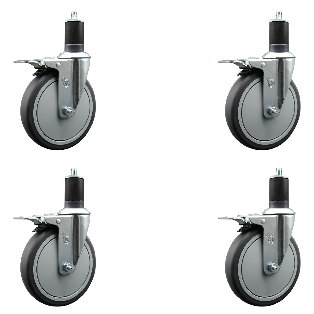 Thermoplastic Rubber Swivel Expanding Stem Caster Set of 4 with 6 Inch Gray Wheels and 1-5/8" Stems - Includes 4 Swivel with Total Locking Brakes - 300 lbs. Capacity Per Caster - Service Caster Brand — photo 1