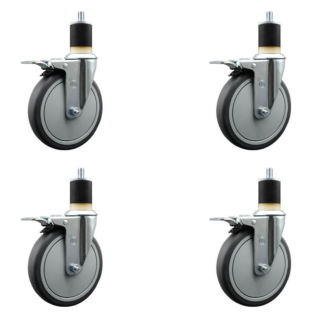 Thermoplastic Rubber Swivel Expanding Stem Caster Set of 4 with 6 Inch Gray Wheels and 1-7/8" Stems - Includes 4 Swivel with Total Locking Brakes - 300 lbs. Capacity Per Caster - Service Caster Brand — photo 1