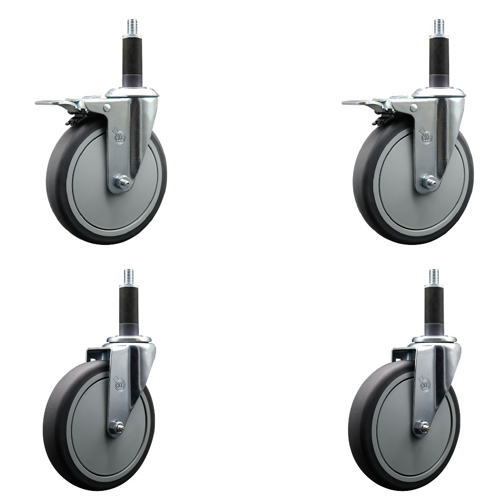 Thermoplastic Rubber Swivel Expanding Stem Caster Set of 4 with 6 Inch Gray Wheels and 1" Stems - Includes 2 with Total Locking Brakes - 1200 lbs Total Capacity - Service Caster Brand — photo 1