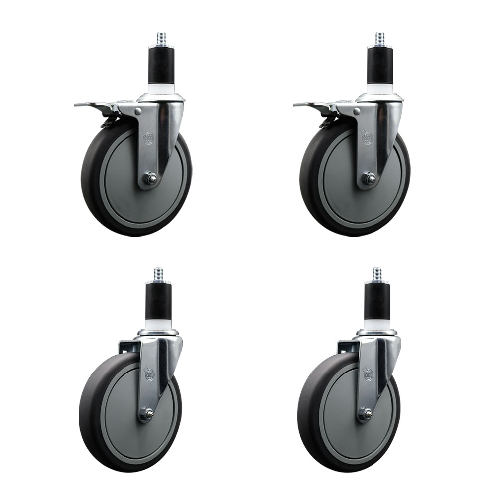 Thermoplastic Rubber Swivel Expanding Stem Caster Set of 4 with 6 Inch Gray Wheels and 1-1/2" Stems - Includes 2 with Total Locking Brakes - 1200 lbs Total Capacity - Service Caster Brand — photo 1