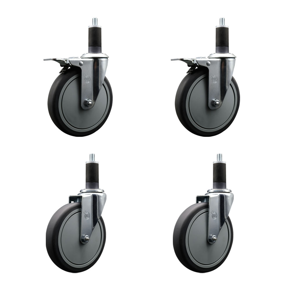 Thermoplastic Rubber Swivel Expanding Stem Caster Set of 4 with 6 Inch Gray Wheels and 1-1/4" Stems - Includes 2 with Total Locking Brakes - 1200 lbs Total Capacity - Service Caster Brand — photo 1