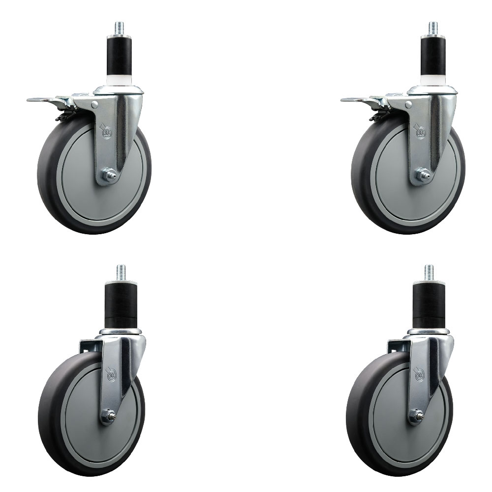 Thermoplastic Rubber Swivel Expanding Stem Caster Set of 4 with 6 Inch Gray Wheels and 1-3/4" Stems - Includes 2 with Total Locking Brakes - 1200 lbs Total Capacity - Service Caster Brand — photo 1