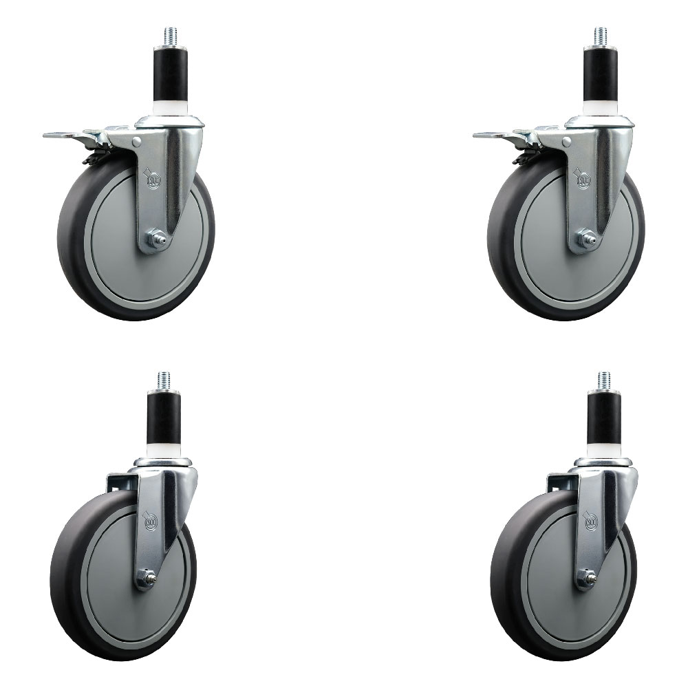 Thermoplastic Rubber Swivel Expanding Stem Caster Set of 4 with 6 Inch Gray Wheels and 1-3/8" Stems - Includes 2 with Total Locking Brakes - 1200 lbs Total Capacity - Service Caster Brand — photo 1