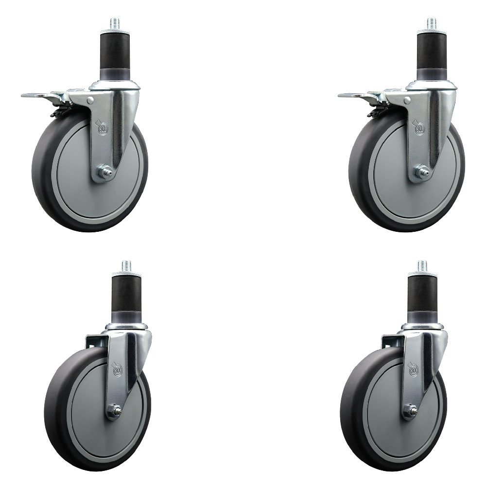 Thermoplastic Rubber Swivel Expanding Stem Caster Set of 4 with 6 Inch Gray Wheels and 1-5/8" Stems - Includes 2 with Total Locking Brakes - 1200 lbs Total Capacity - Service Caster Brand — photo 1