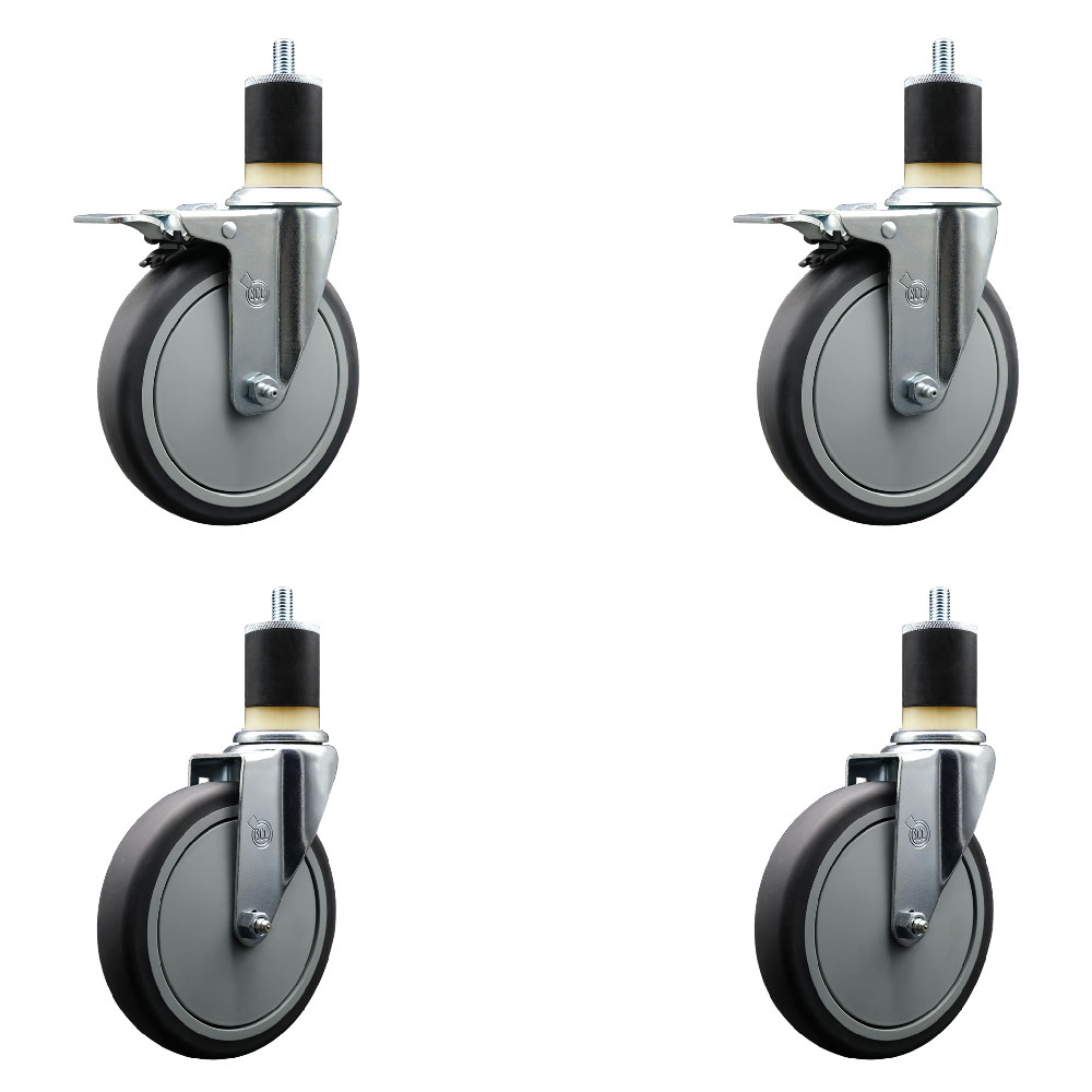 Thermoplastic Rubber Swivel Expanding Stem Caster Set of 4 with 6 Inch Gray Wheels and 1-7/8" Stems - Includes 2 with Total Locking Brakes - 1200 lbs Total Capacity - Service Caster Brand — photo 1