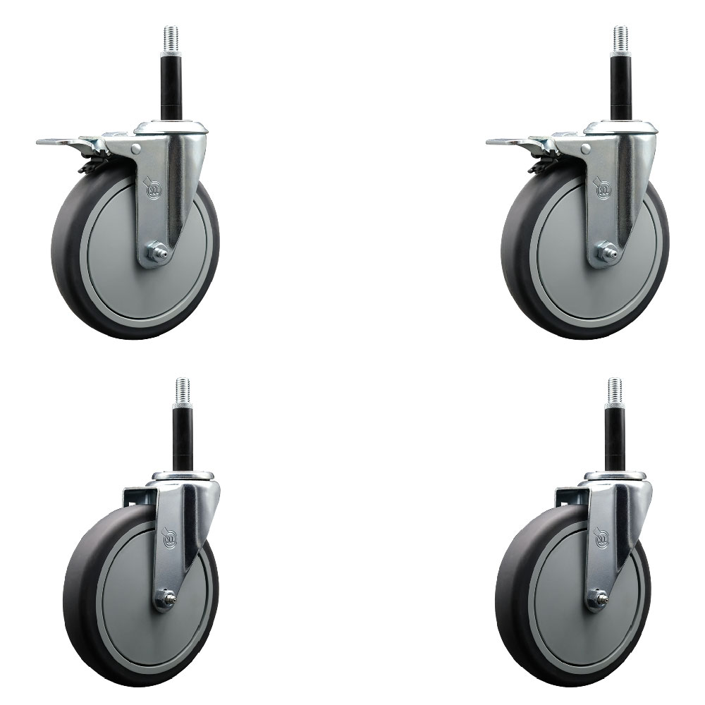 Thermoplastic Rubber Swivel Expanding Stem Caster Set of 4 with 6 Inch Gray Wheels and 3/4" Stems - Includes 2 with Total Locking Brakes - 1200 lbs Total Capacity - Service Caster Brand — photo 1