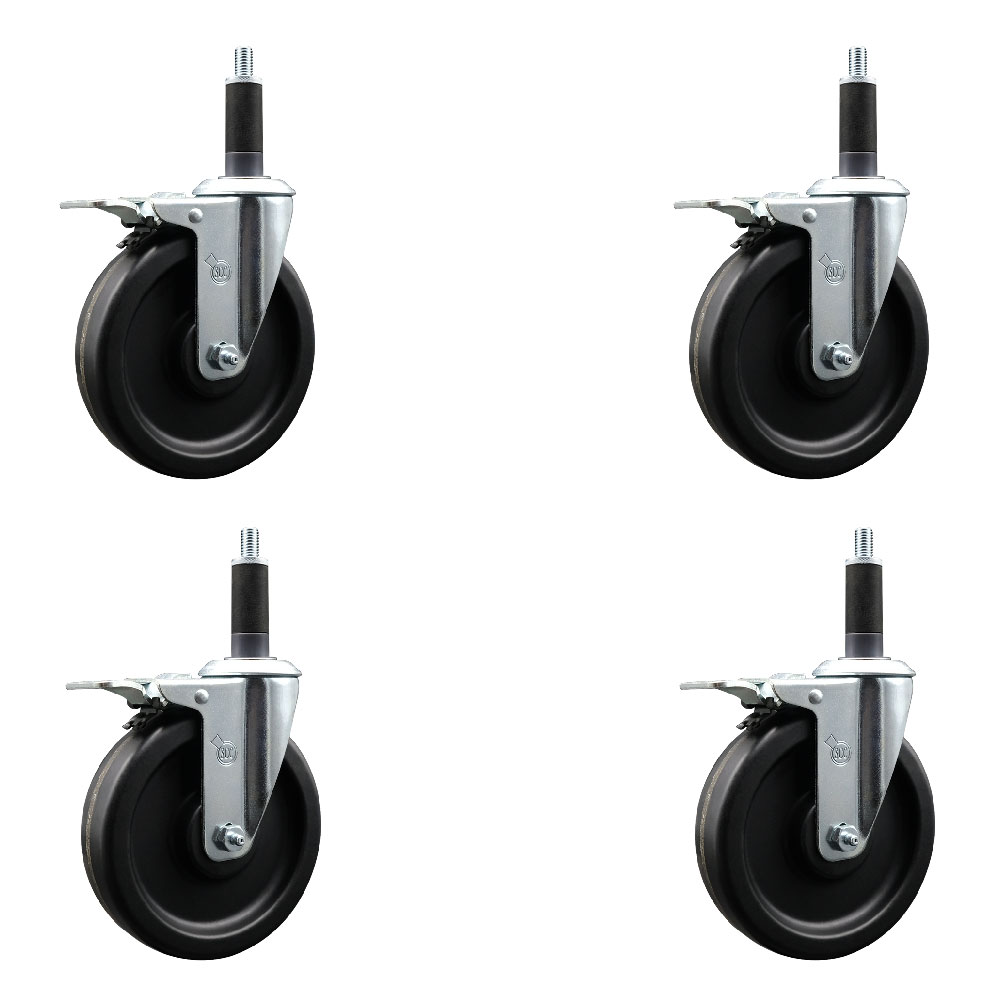 Phenolic Swivel Expanding Stem Caster Set of 4 with 6 Inch Black Wheels and 1" Stems - Includes 4 Swivel with Total Locking Brakes - 300 lbs. Capacity Per Caster - Service Caster Brand — photo 1