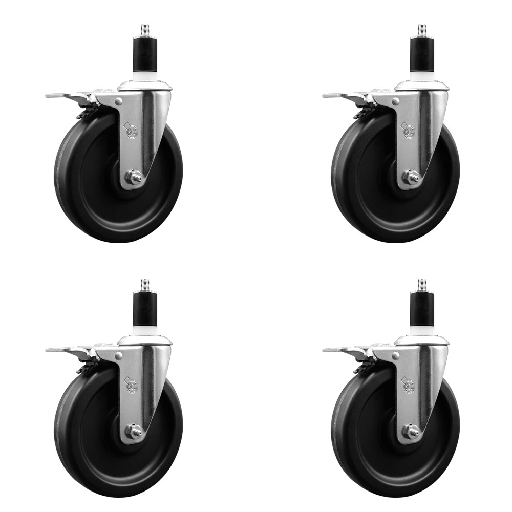 Phenolic Swivel Expanding Stem Caster Set of 4 with Roller Bearings - 6" x 1.5" Black Wheels and 1-1/2" Stems - Includes 4 with Total Lock Brakes - 1200 lbs Total Capacity - Service Caster Brand — photo 1